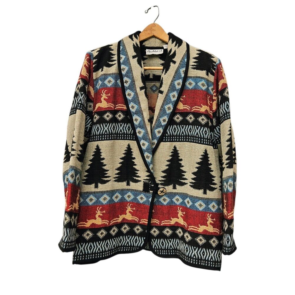 Vtg FLASHBACK Western Cowgirl Ranch Tapestry Blazer Jacket Reindeer Size M Trees